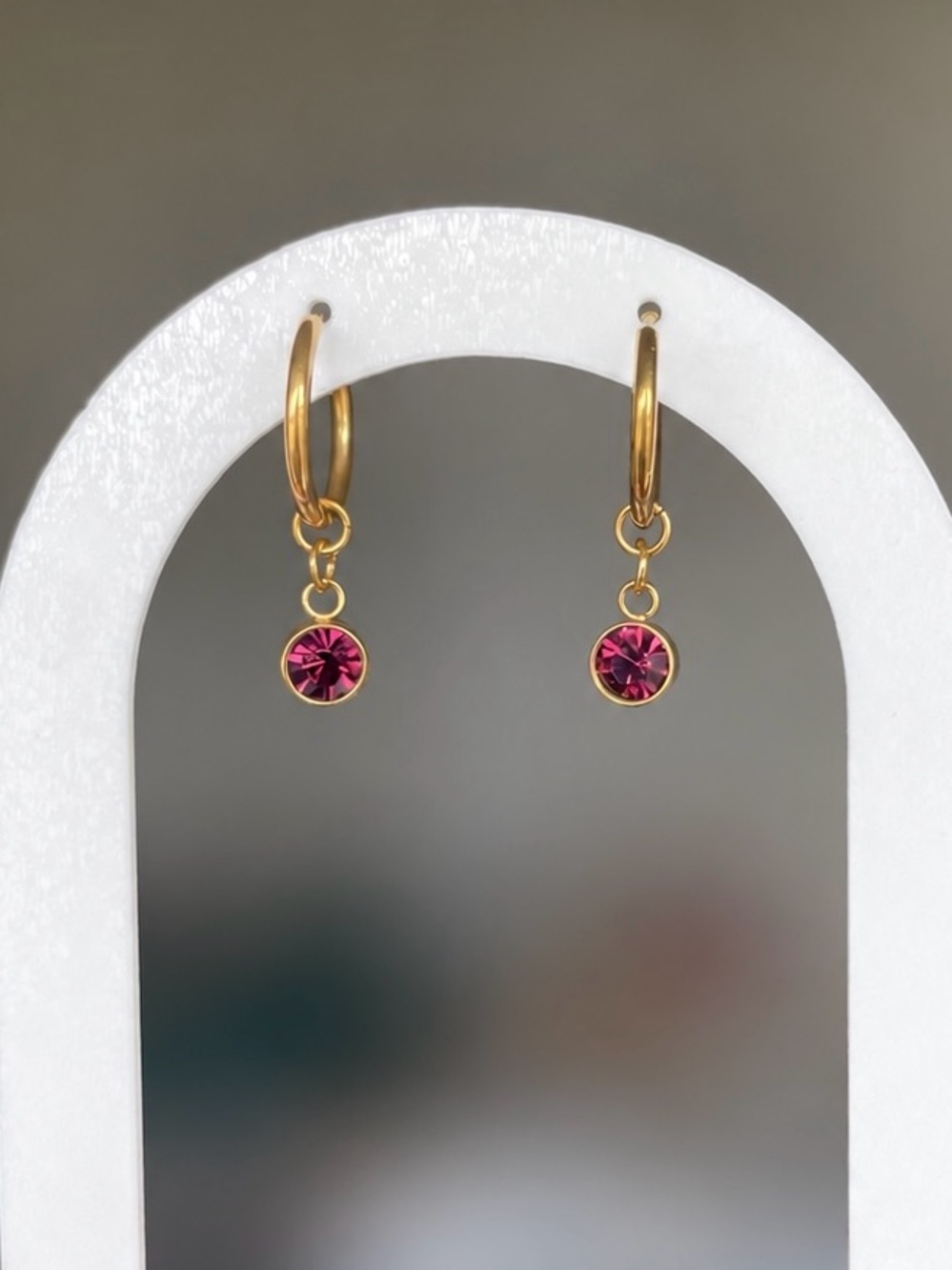 18K Gold PVD Purple Crystal Huggie Drop Earrings